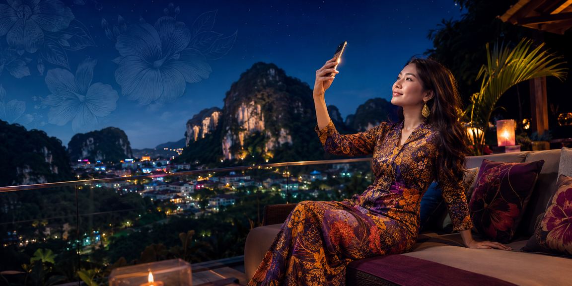 Pemain menggunakan telefon mudah alih untuk menuntut bonus kasino di Ipoh dengan motif batik